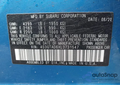 2020 Subaru Impreza Premium 5-Door z USA, uszkodzony, nr VIN 4S3GTAD6XL3731547